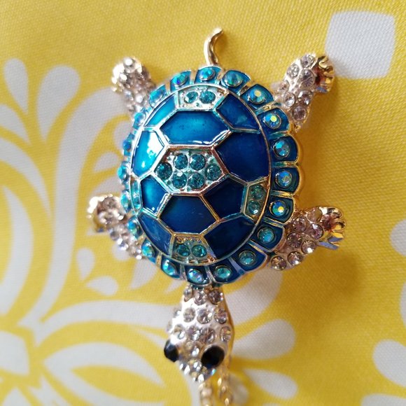 🐢Turtle Necklace Enamel & Stone Shell Blue Aqua  / brooch - NWOT🐢 - Picture 4 of 8